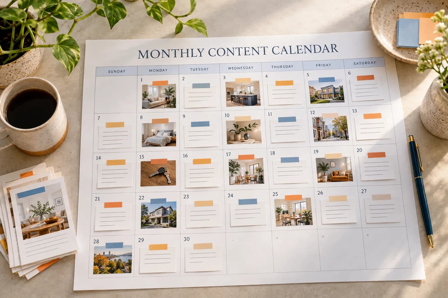 Calendario mensual con publicaciones inmobiliarias organizadas por día y tarjetas de contenido.
