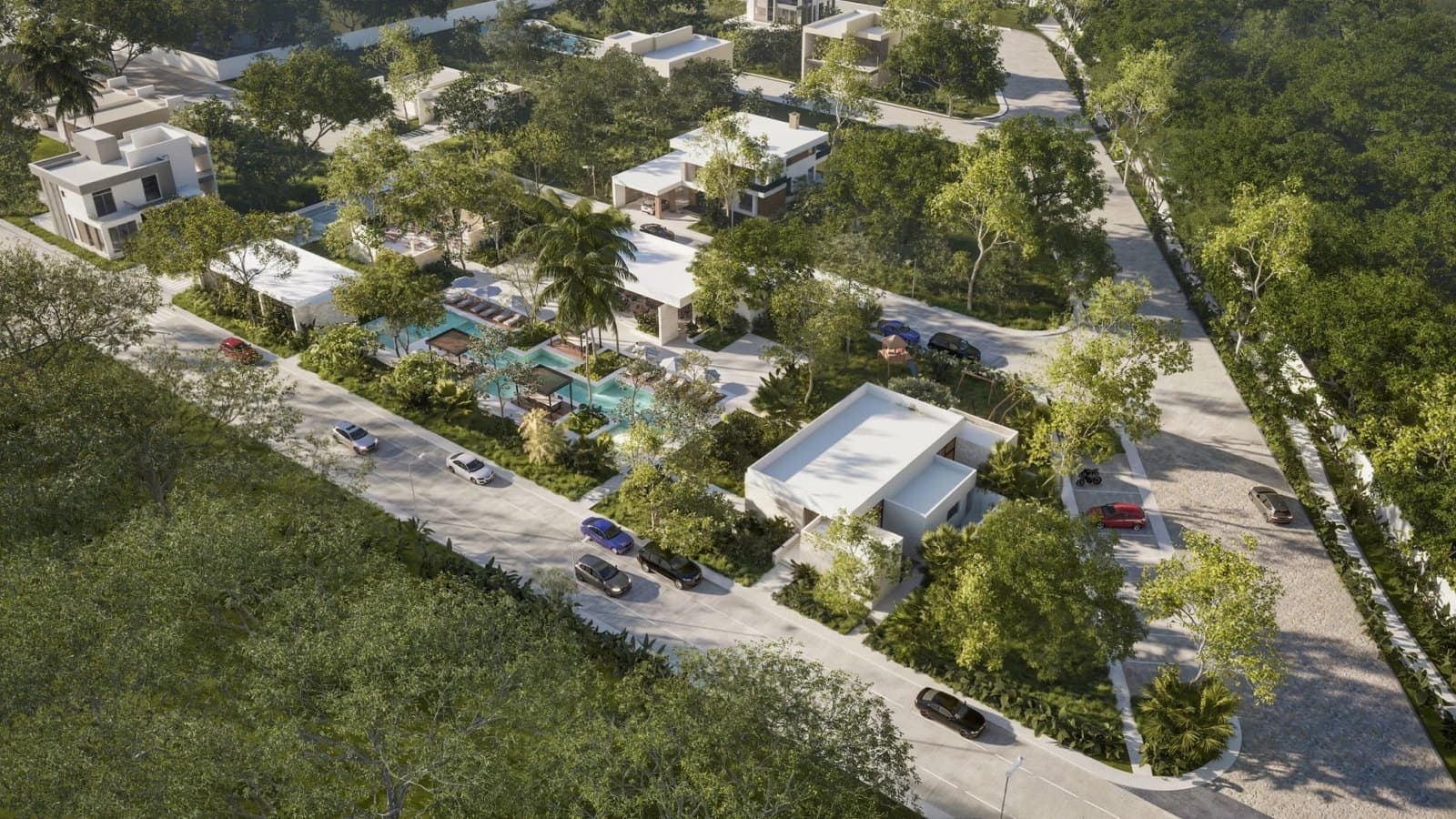Render aereo de la privada residencial de la campana: calles arboladas, casas de dos niveles y la zona de albercas al centro