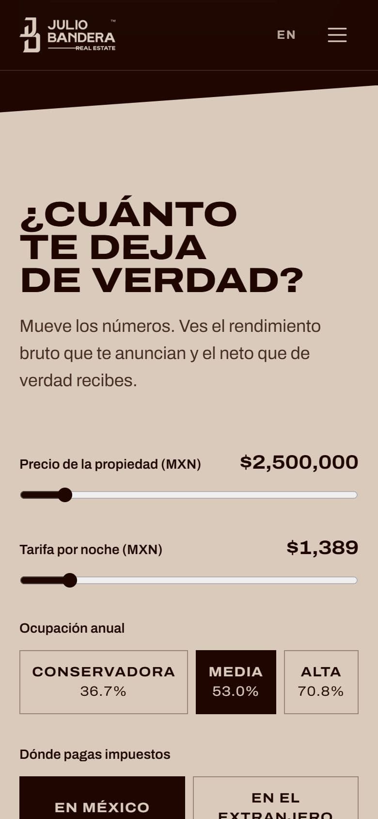 Julio Bandera Real Estate — The calculator: the advertised gross yield against the net that is left (Mobile)