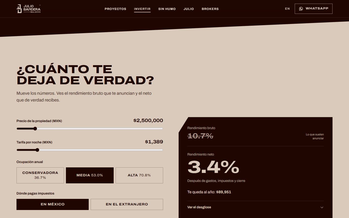 Julio Bandera Real Estate — The calculator: the advertised gross yield against the net that is left (Desktop)