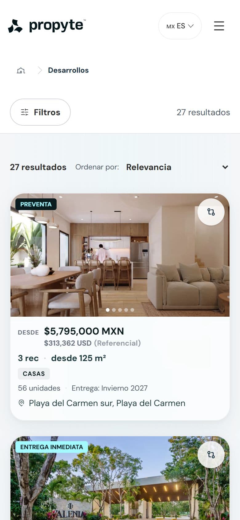 Propyte — El catálogo de desarrollos, con filtros (Móvil)