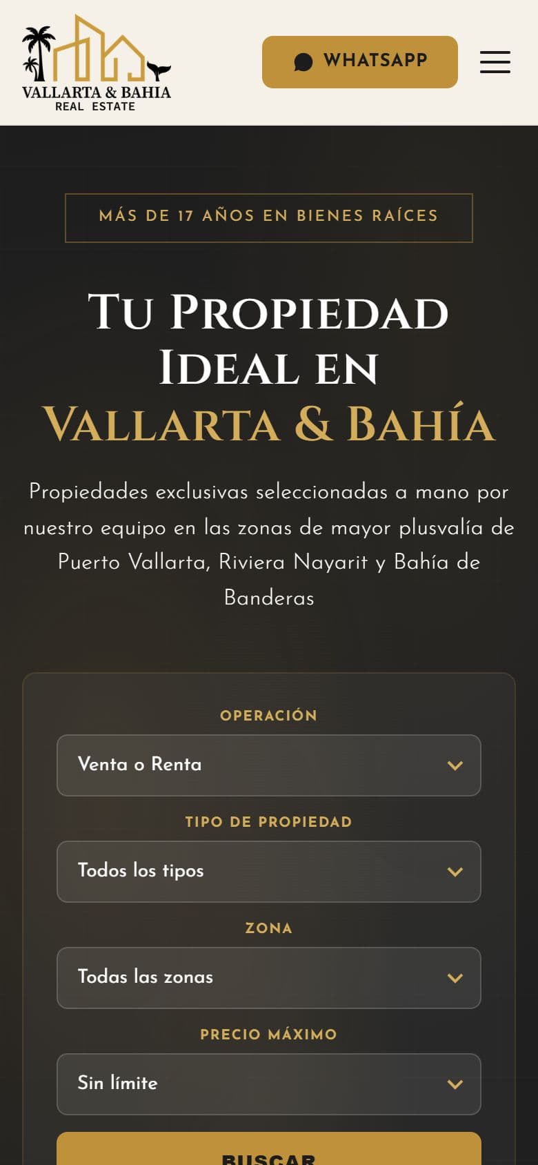 Vallarta & Bahía Real Estate — The home page (Mobile)