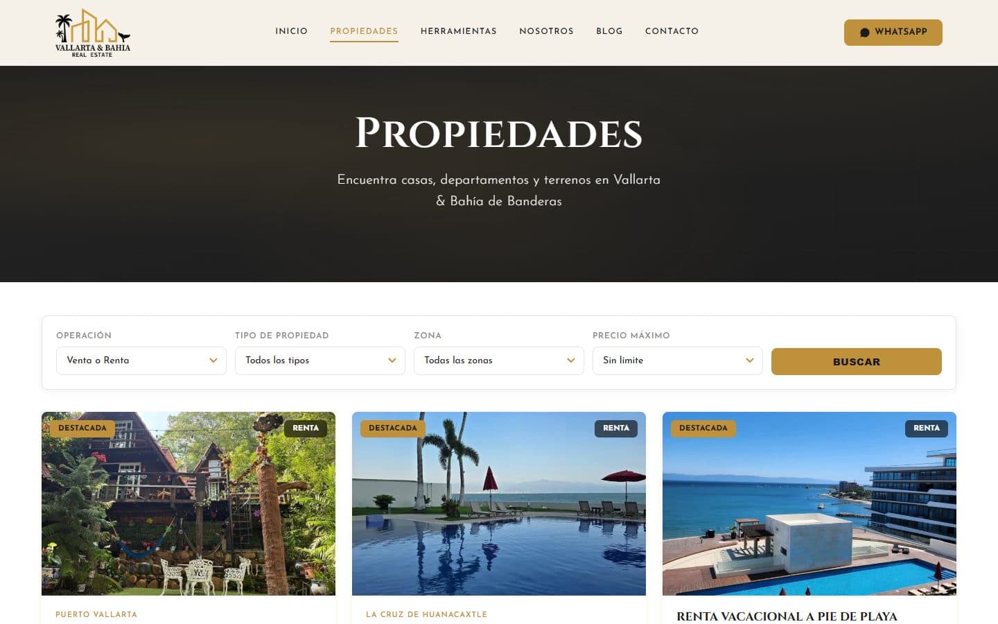 Vallarta & Bahía Real Estate — The property search (Desktop)