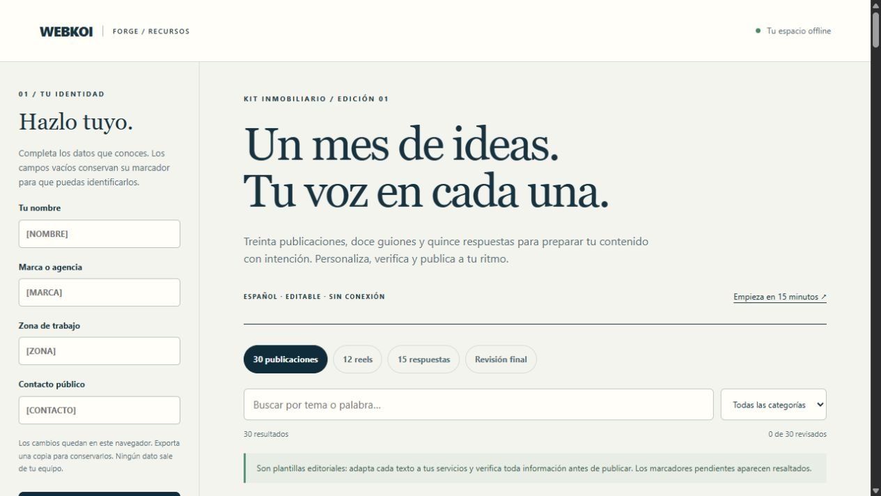 Captura real del panel offline: campos de marca, tipos de contenido, buscador y filtros